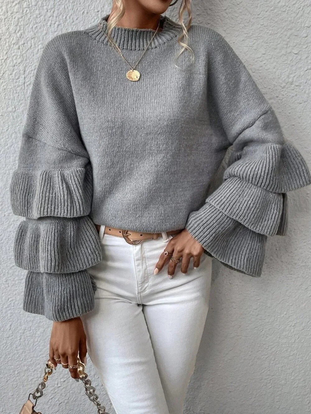 Women's Mock Neck Layer Sleeve Ruffle Trim Sweater - Picture 6 of 6